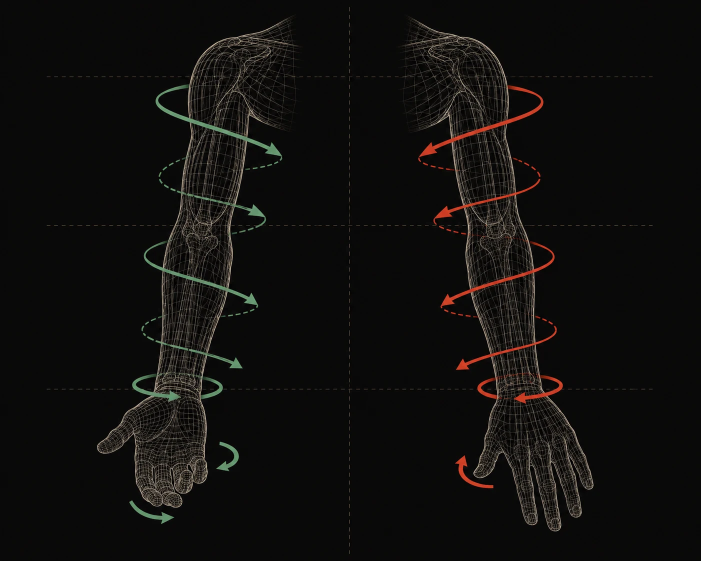 Dois braços lado a lado. À esquerda, uma espiral em verde envolve o braço girando para dentro, terminando com a palma para cima. À direita, uma espiral em vermelho gira para fora, terminando com o dorso da mão visível.